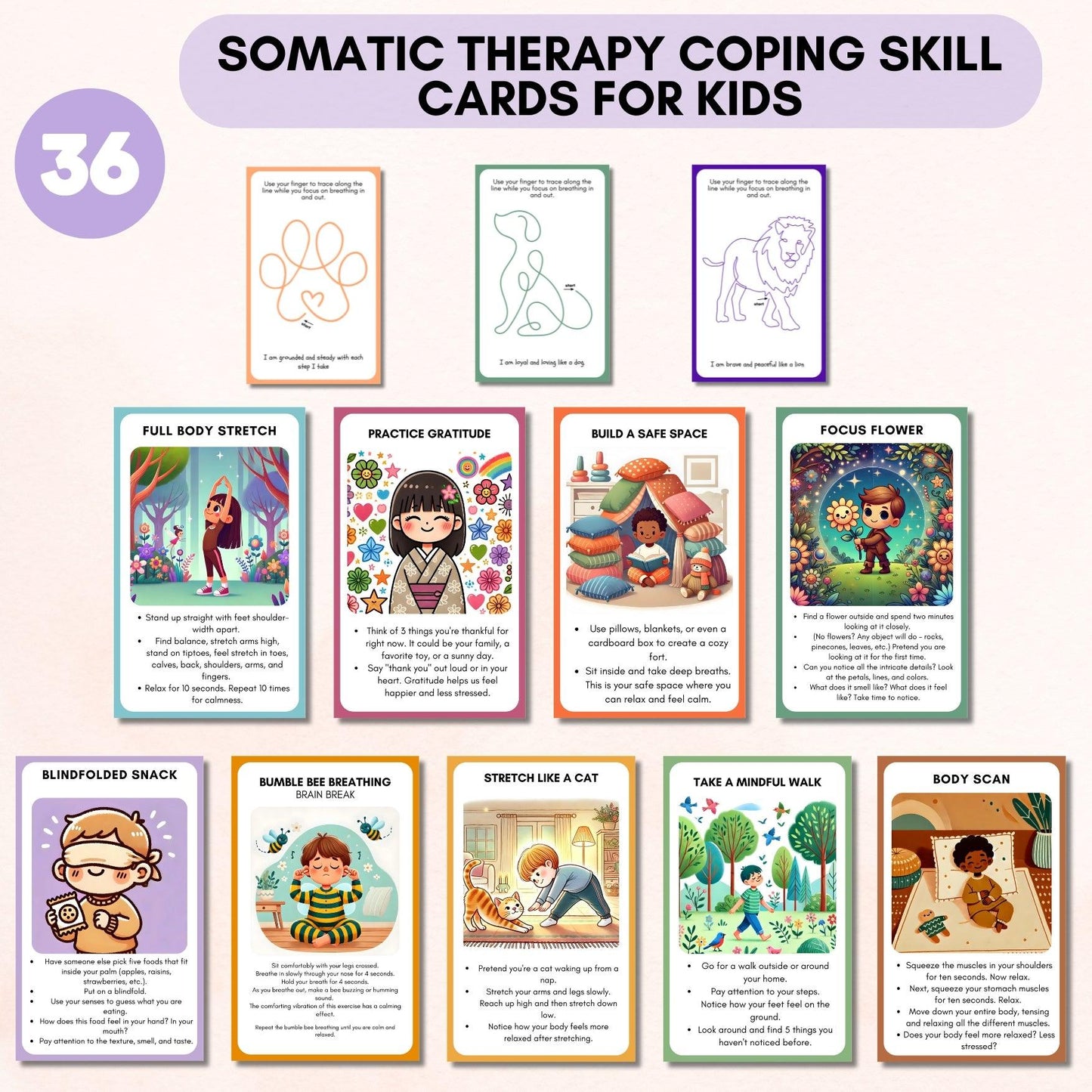 Somatic Therapy Coping Skill Cards for Kids - HoriaKadi